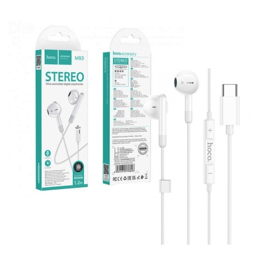 Hoco Wire-controlled Digital Earphones M93 with mic and one button operation control Type-C Joy 1.2m White